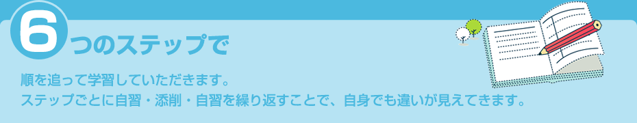 6つのステップで順を追って学習していただきます。ステップごとに自習・添削・自習を繰り返すことで、自身でも違いが見えてきます。